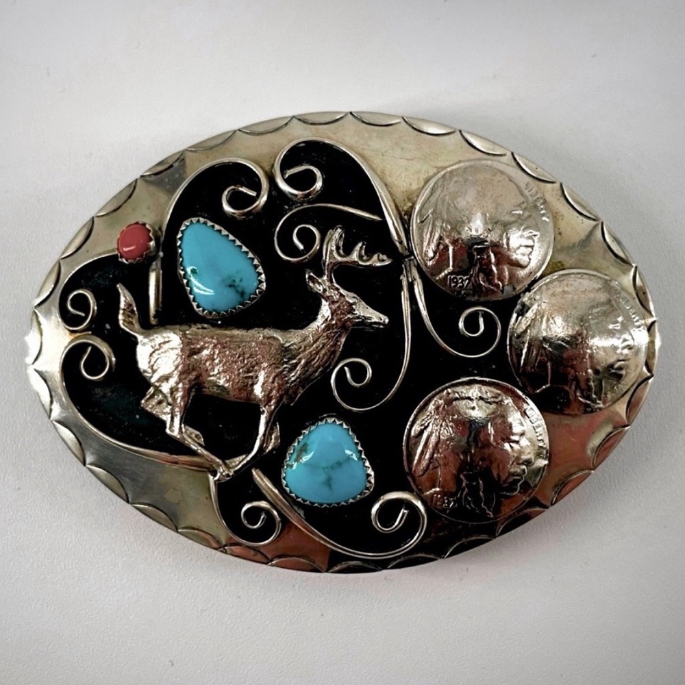 Navajo Silver Turquoise Red Coral 1937 Indian Nickel Western Buck Belt Buckle